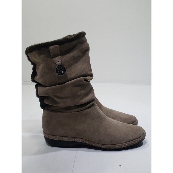 Stuart Weitzman Suede Leather Mid-Calf Boots Brown Slouchy Faux Fur Taupe 7M - Picture 2 of 10